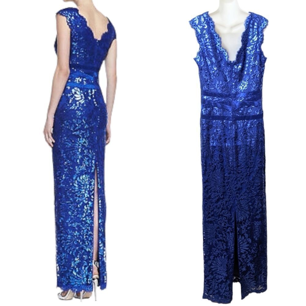 TADASHI SHOJI Paillette Embroidered Lace Banded Waist V-Neck Gown 14 - Picture 7 of 12